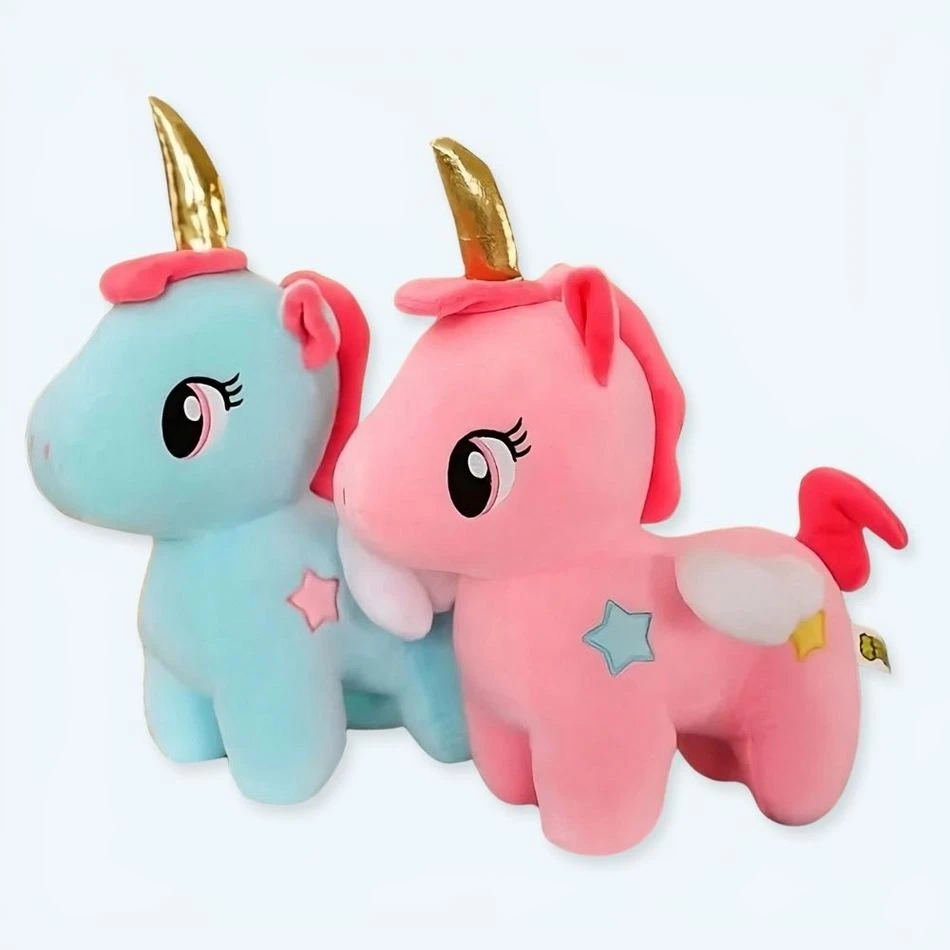 Peluche Licorne Bleue De Corne Dorée